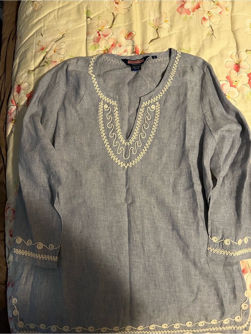 Vineyard Vines Embroidered Linen Tunic Blue Ivory  V Neck Pull Over Size Large